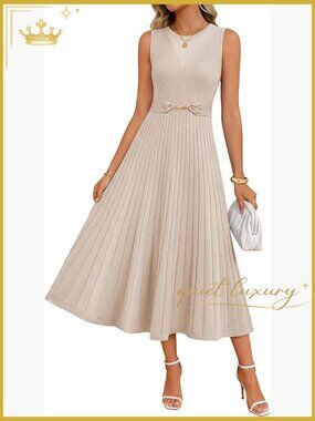 Sleeveless Midi Knit Dress with Belt Pleated A Line Flowy Summer